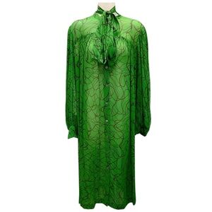 DRIES VAN NOTEN GREEN TIE NECK LONG SLEEVED BUTTON FRONT SHEER MIDI DRESS
